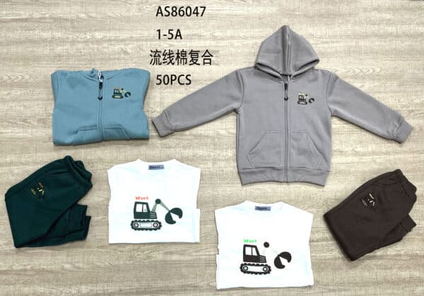 Kids' 3-piece hoodie and sweatshirt set with car embroidery for boys.