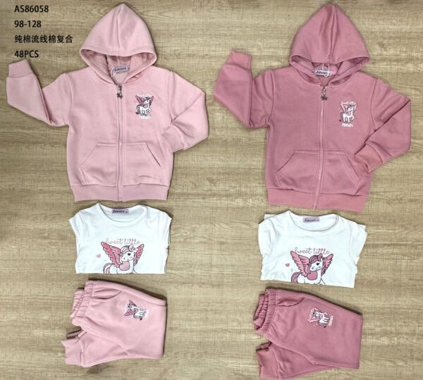Pink and white girls' hoodie and pants with unicorn design for kids.