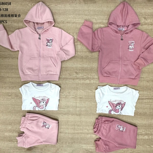 Girls' 3-Piece Set AS86058 Pink and white girls' hoodie and pants with unicorn design for kids.