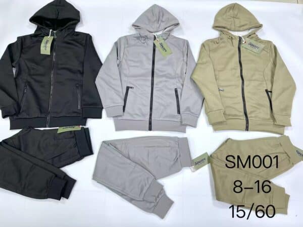 Kids' hoodie and jogger set in black, gray, and beige for boys.