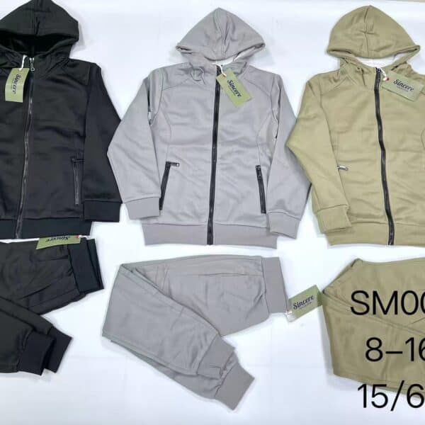 Kids' hoodie and jogger set in black, gray, and beige for boys.