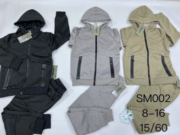 Kids' 2-piece hoodie and pants set in black, gray, and beige for boys.