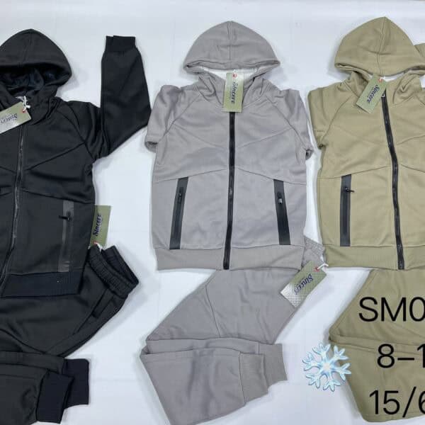 Kids' 2-piece hoodie and pants set in black, gray, and beige for boys.