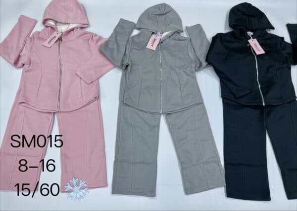 Girls' 2-piece hoodie and pants set in pink, gray, and black for children.