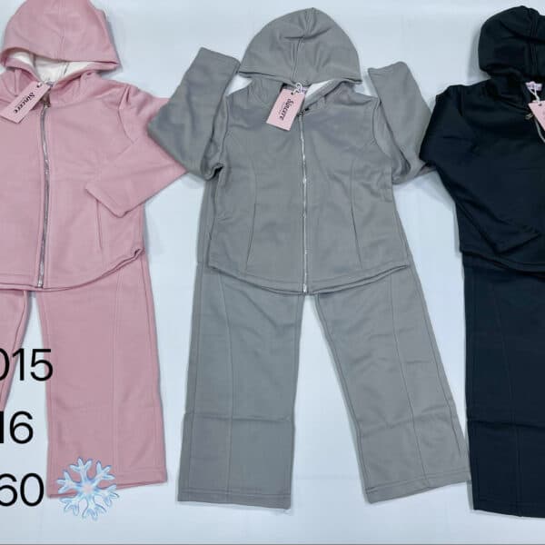 Girls' 2-piece hoodie and pants set in pink, gray, and black for children.
