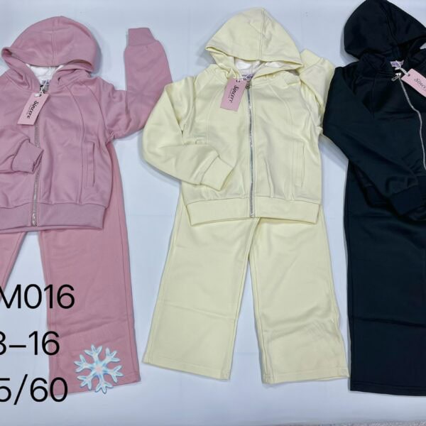 Colorful girls' 2-piece set with hoodie and pants in pink, yellow, and navy blue.